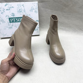SON 百田森正品 撤柜粗跟防水台时装 靴女秋冬新款 真皮拉链短靴