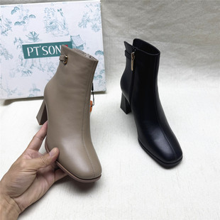SON 新款 百田森正品 靴女冬季 羊皮羽绒短筒靴 撤柜粗跟方头时装