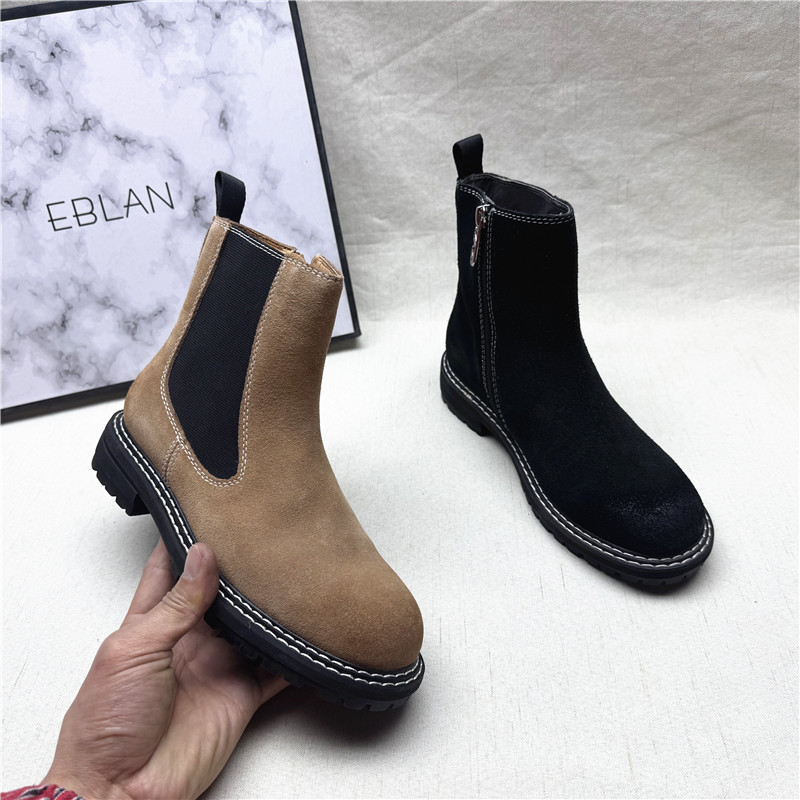 EBLAN/伊伴商场撤柜正品百搭圆头切尔西靴女春秋新款真皮套筒短靴