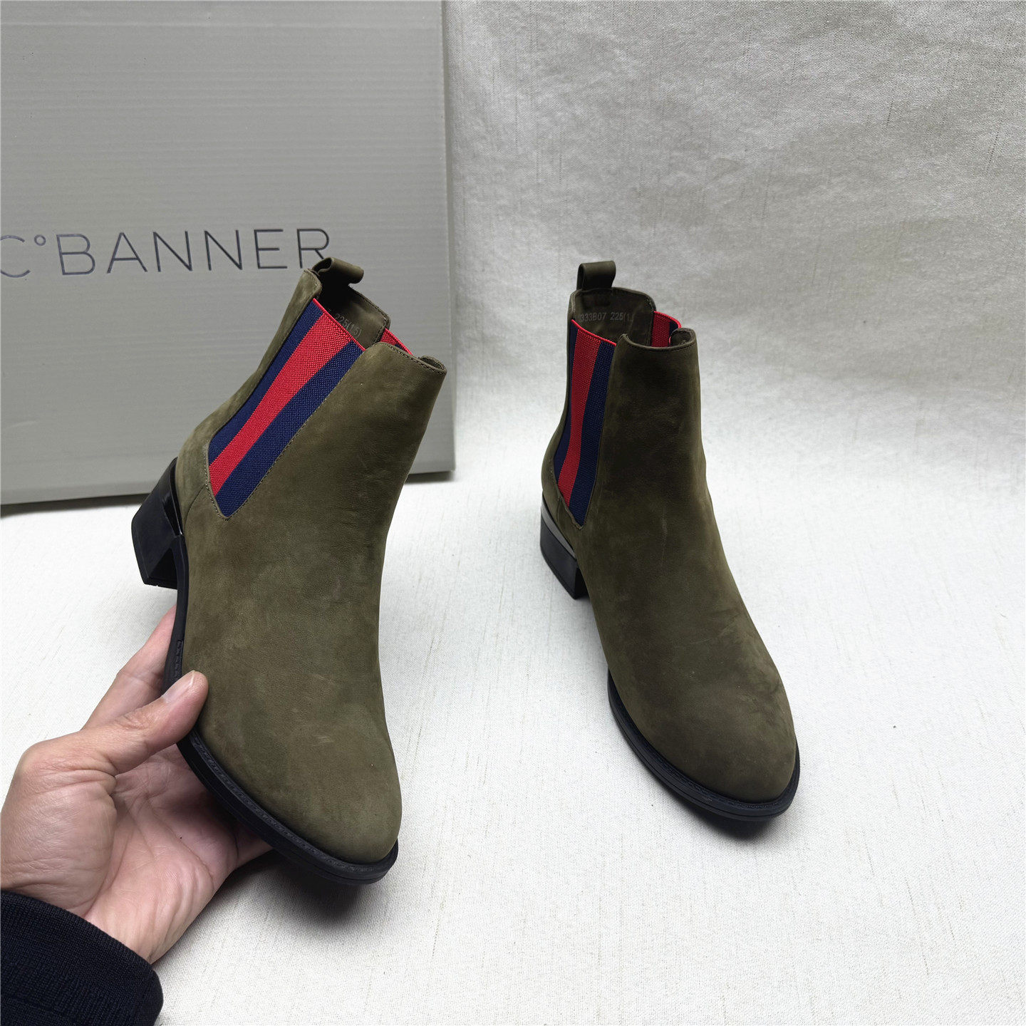 商场品牌正品撤柜百搭方跟圆头时装靴女秋冬新款牛皮织物套筒短靴