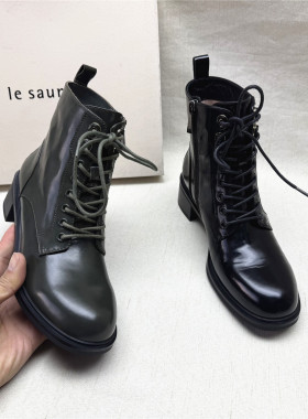 le saunda/莱尔斯丹正品撤柜粗跟圆头马丁靴女秋冬新款牛皮短筒靴