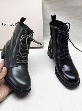 le saunda/莱尔斯丹正品撤柜粗跟圆头马丁靴女秋冬新款牛皮短筒靴