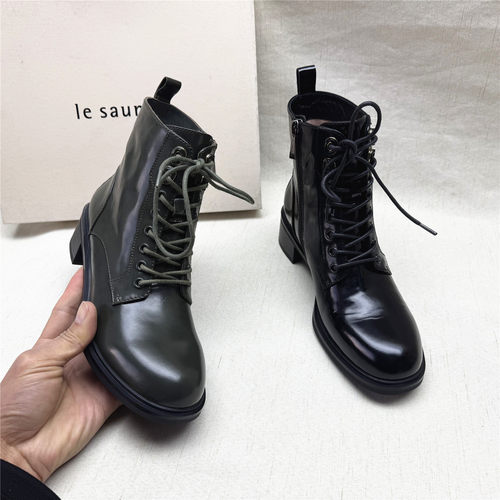 le saunda/莱尔斯丹正品撤柜粗跟圆头马丁靴女秋冬新款牛皮短筒靴