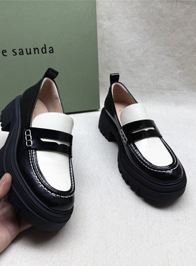 39码le saunda/莱尔斯丹5M撤柜英伦粗跟圆头乐福鞋女新款牛皮单鞋