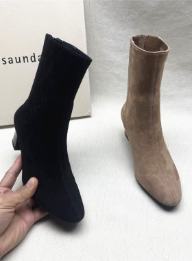 le saunda/莱尔斯丹正品撤柜粗跟圆头时装靴女秋冬新款反绒皮短靴