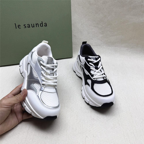 le saunda/莱尔斯丹5M正品撤柜休闲圆头银色老爹鞋女新款织物单鞋