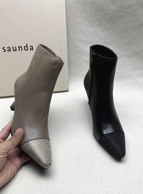 le saunda/莱尔斯丹正品撤柜烫钻高跟时装靴女秋冬新款羊皮短筒靴