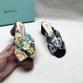 PACO 织物一字拖 女夏新款 GIL帕克吉尔撤柜正品 百搭粗跟露趾凉拖鞋