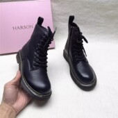 Harson 牛皮加绒短靴 新款 哈森正品 撤柜方跟圆头舒适马丁靴女冬季