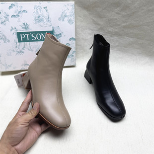 SON 新款 百田森正品 靴女冬季 牛皮加绒羽绒短筒靴 撤柜粗跟时装