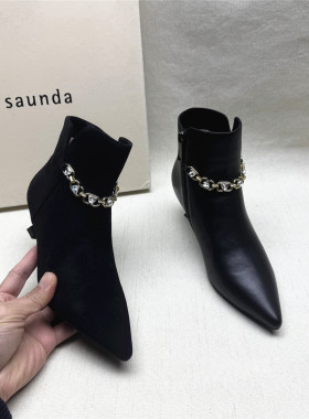 le saunda/莱尔斯丹正品撤柜时尚钻链尖头时装靴女秋冬款真皮短靴