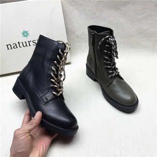 natursun/娜冉撤柜正品百搭方跟圆头马丁靴女新款真皮侧拉链短靴