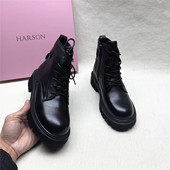 Harson 哈森正品 撤柜方跟圆头马丁靴女冬季 37码 新款 牛皮加绒短靴