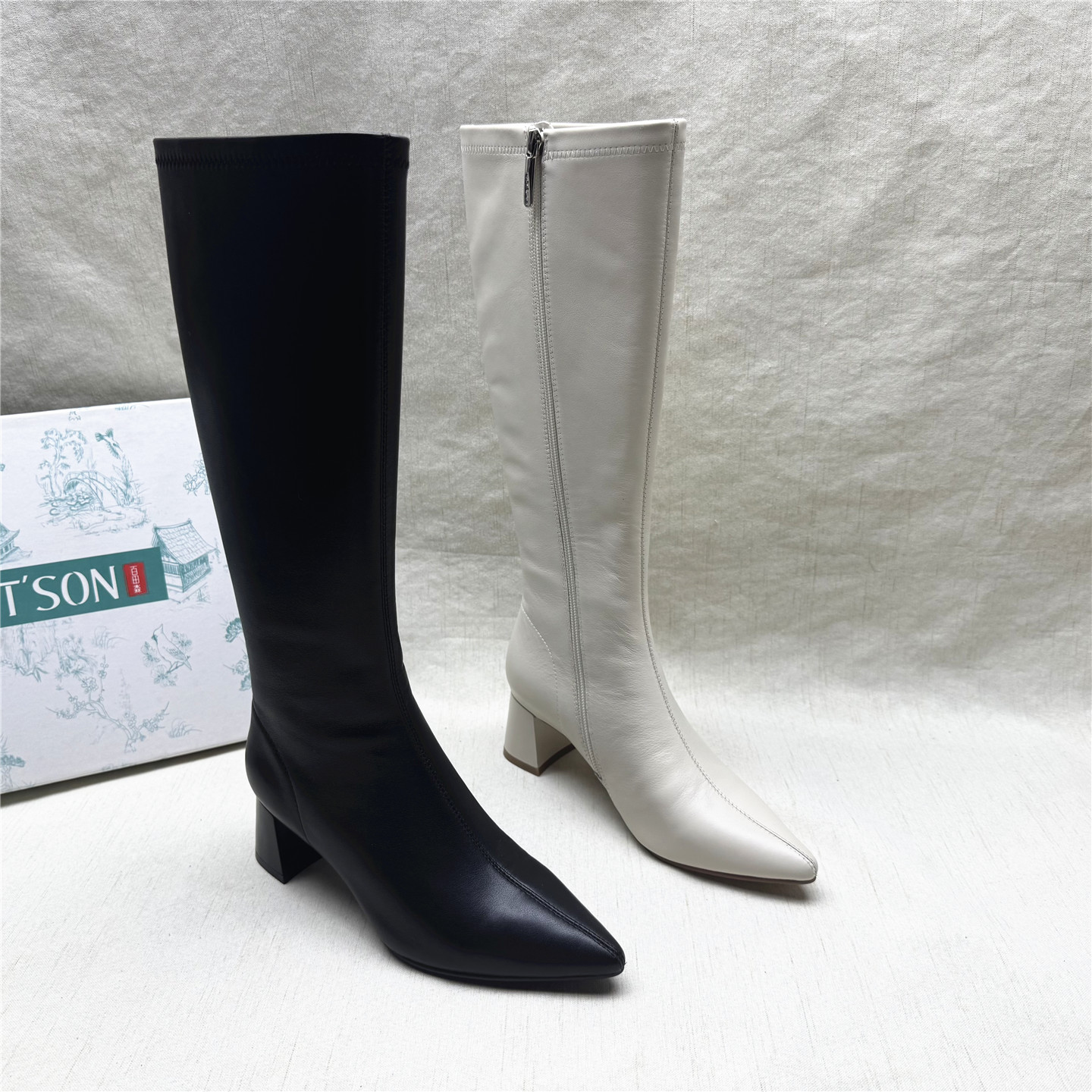 PT'SON/百田森真皮侧拉链骑士靴
