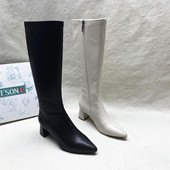 牛皮长筒靴 撤柜尖头粗跟高筒骑士靴女秋冬新款 SON 百田森正品