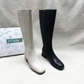 百田森百搭粗跟圆头高筒骑士靴女秋冬新款 SON 真皮侧拉链长靴