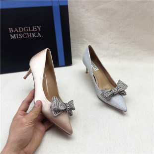 Badgley Mischka撤柜女鞋水钻蝴蝶结高跟时装鞋新款织物浅口单鞋