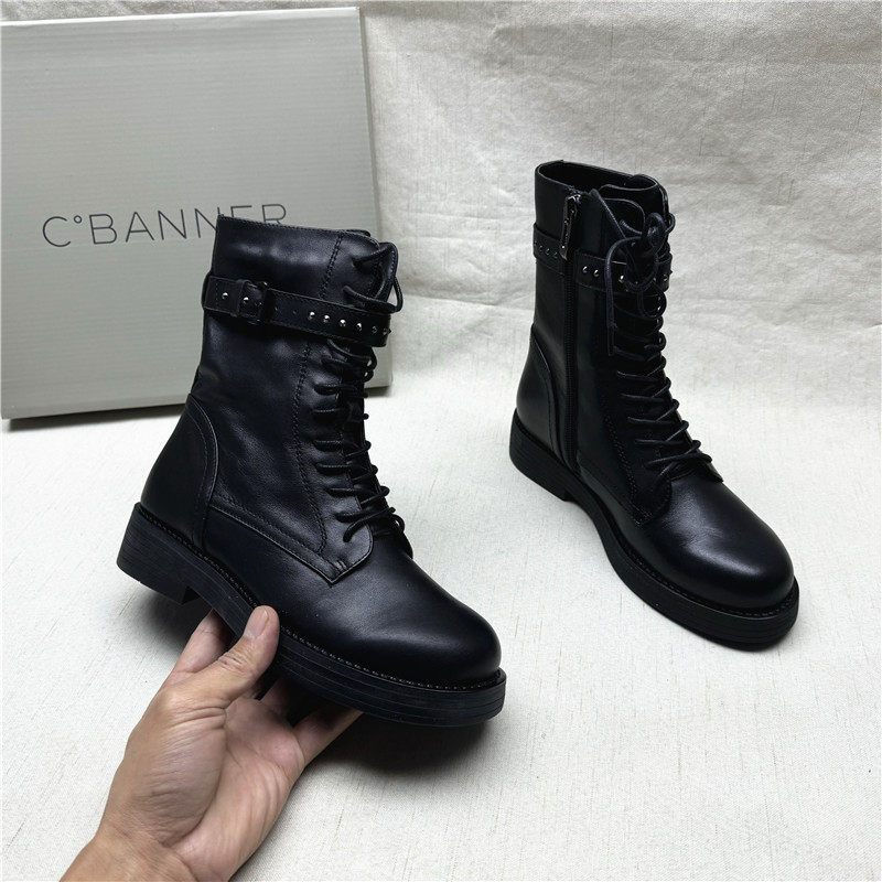 C.BANNER/千百度撤柜正品时尚交叉绑带马丁靴女新款真皮加绒短靴,女鞋,马丁靴,淘宝优惠券,粉丝福利购,淘宝优惠卷