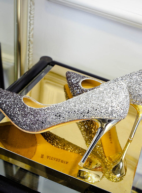 高跟鞋细跟渐变色亮片单鞋女鞋2025夏季新款银色尖头伴娘婚纱鞋女