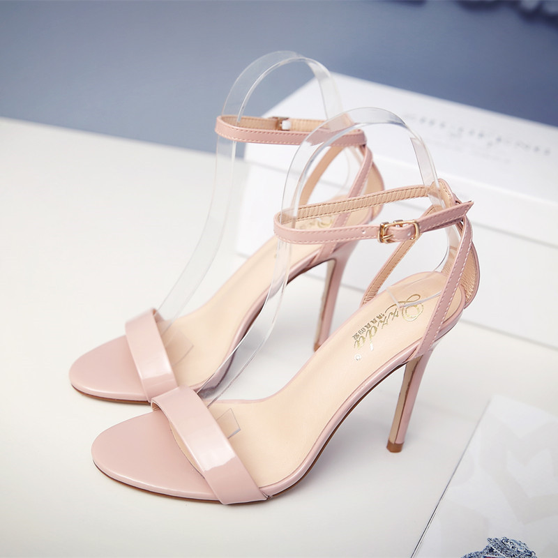 新款性感一字扣女鞋网红绑带系带裸色黑色高跟圆头凉鞋细跟高跟鞋