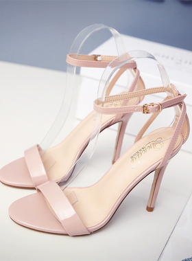 新款性感一字扣女鞋网红绑带系带裸色黑色高跟圆头凉鞋细跟高跟鞋