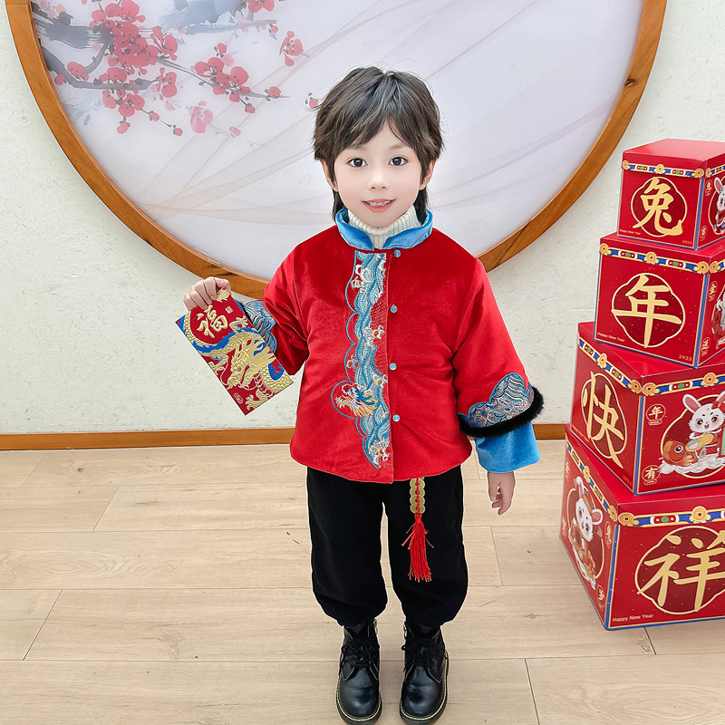 儿童拜年服中国风套装秋冬季加绒国学汉服男女童元旦新年演出服