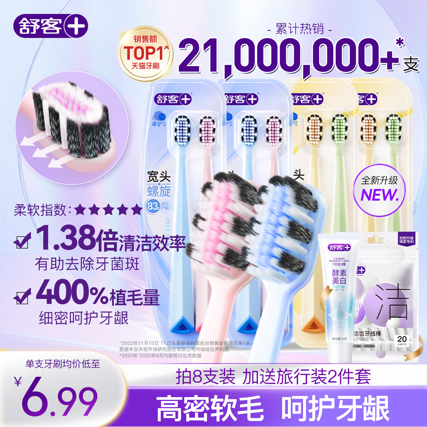 舒客宽头牙刷软毛护龈成人超软情侣女男士专用旗舰店正品家庭装