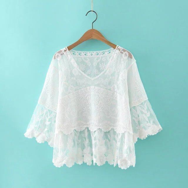 短款百搭V领七分袖喇叭袖纱网套头蕾丝衫拼接镂空防晒衣罩衫女夏|ruв категории Женская одежда, кружева свитер/шифон рубашка - от Buy2taobao.com для оказания профессиональной услуги покупки агента Taobao