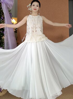 优雅白色雪纺半身裙女长裙收腰大摆A字裙高级感超大摆仙女甜美