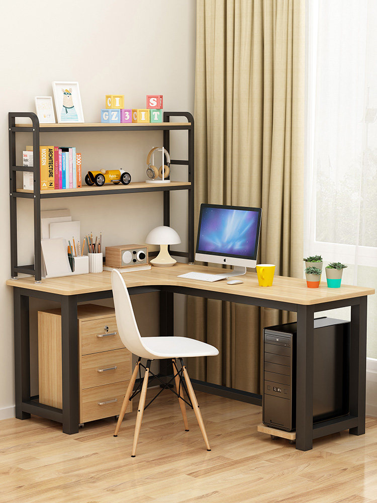 拐角l型书桌书架实木角落电脑桌书柜一体整墙家用大人书房设计感