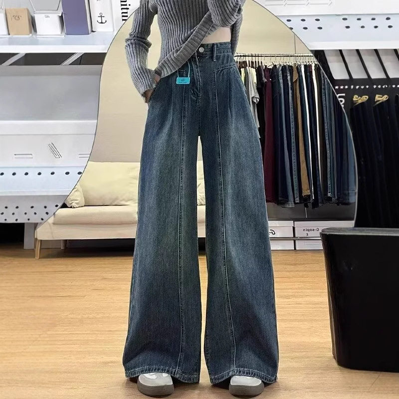 美式复古阔腿牛仔裤女春季新款高腰显瘦垂感休闲宽松直筒拖地长裤