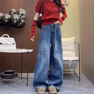 美式复古弯刀阔腿牛仔裤女春季新款高腰显瘦宽松百搭直筒拖地长裤