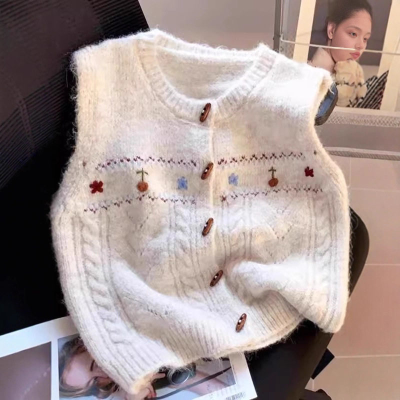 复古针织马甲女手工花朵春坎肩背心圆领叠穿甜美提花马夹百搭