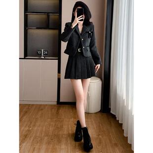 实拍新款韩系学院风小香风毛呢套装西装短外套小个子百褶裙两件套