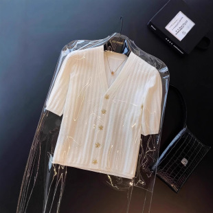 海星扣小香风V领短袖白色冰丝针织开衫女夏薄短款法式上衣T恤小衫