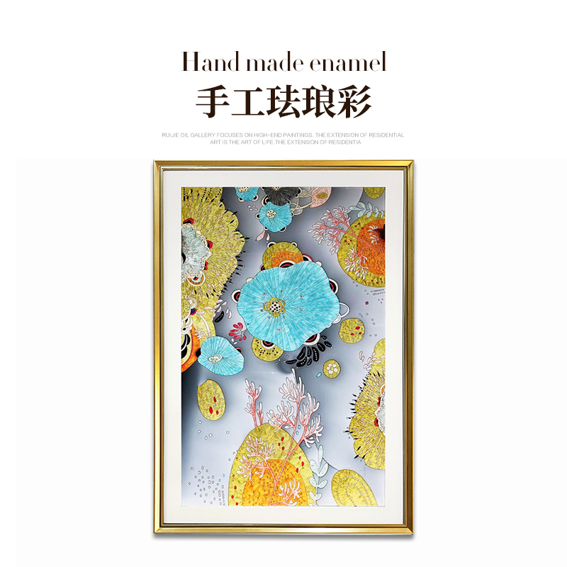 瑞杰 珐琅彩画《春池焉韵》轻奢荷塘风玄关走廊装饰画 美式立体画图片