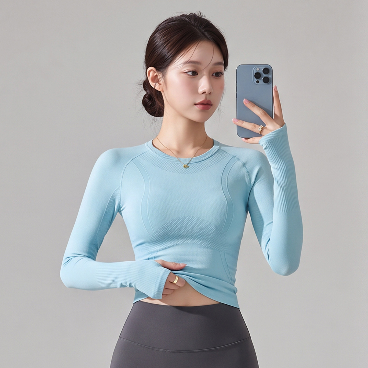 蓝小可BL速干圆领健身衣修身显瘦瑜伽服长袖普拉提运动上衣T恤女