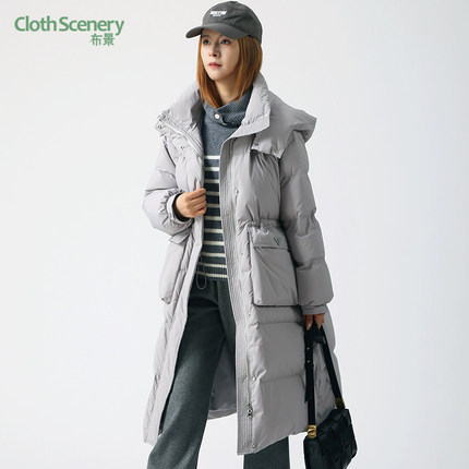 布景冬季新品女士连帽中长款羽绒服1353