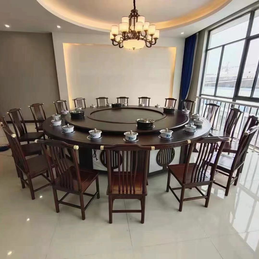 新中式酒店电动火锅桌子电磁炉一体大圆桌实木一人一锅餐桌椅商用
