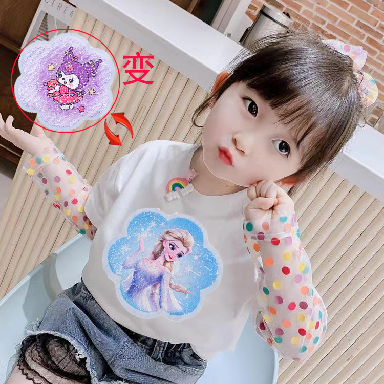 儿童亮片可变图案爱莎女童长袖t恤夏装女孩库洛米防晒冰丝上衣潮T