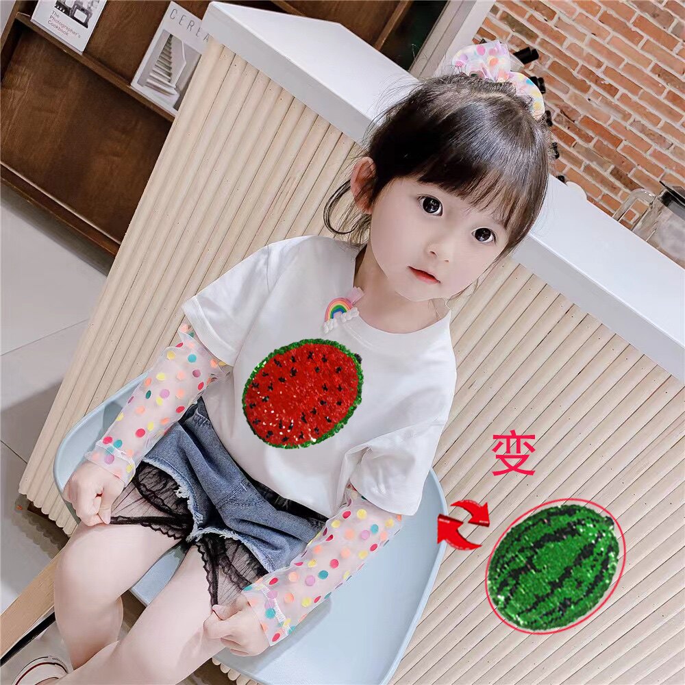 女童夏天防晒长袖T恤儿童西瓜亮片可变图案衣服冰丝袖假两件上衣