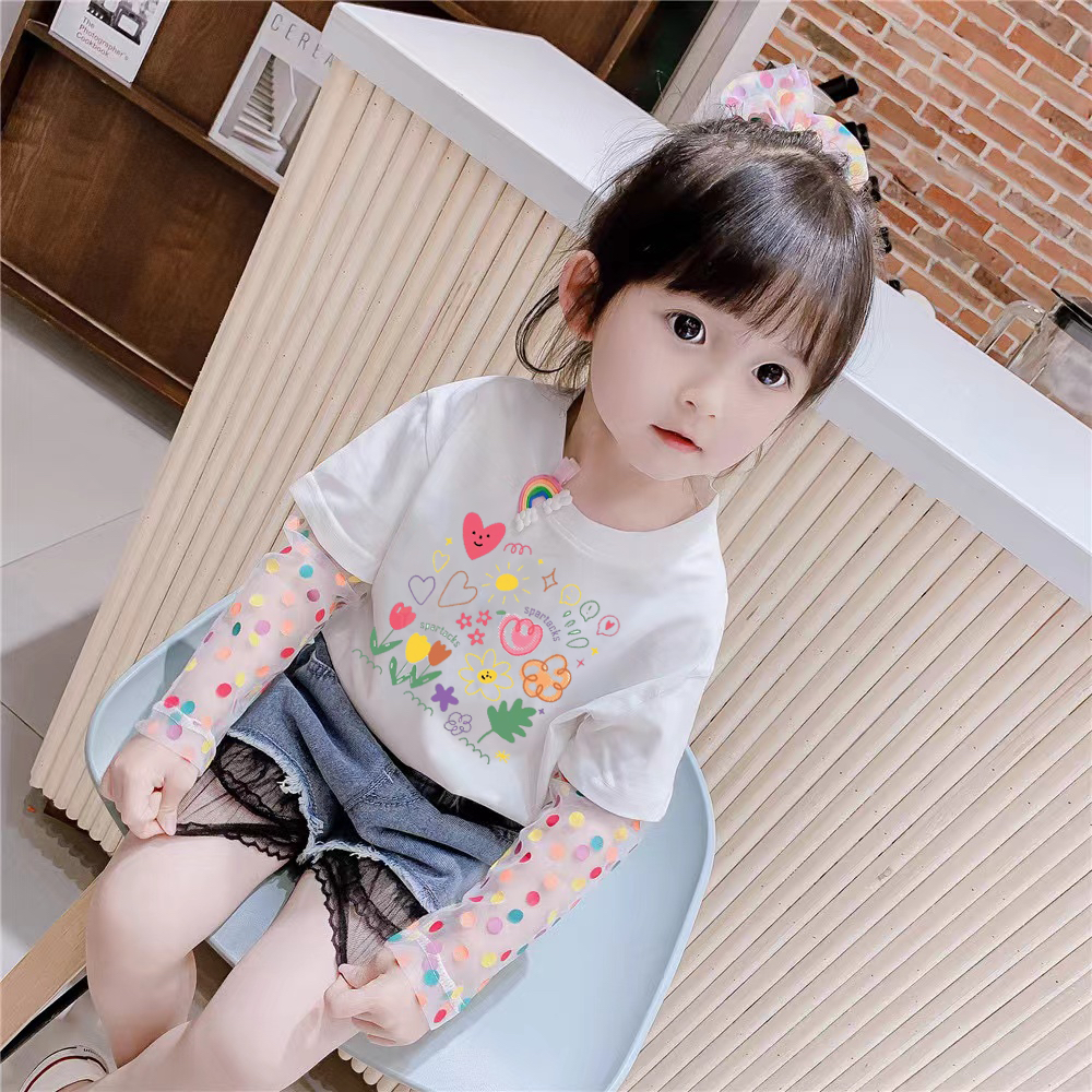 女童花朵网纱拼接假两件T恤女宝宝2025夏装新款儿童防晒薄款上衣