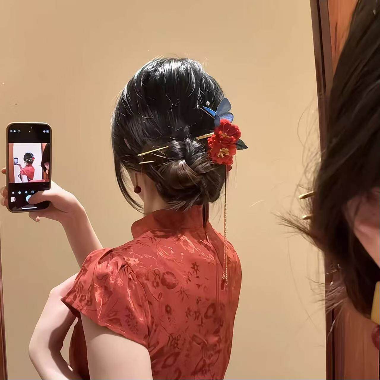 红梅映雪~新中式旗袍头饰发簪红色花发夹女敬酒服订婚发饰发钗