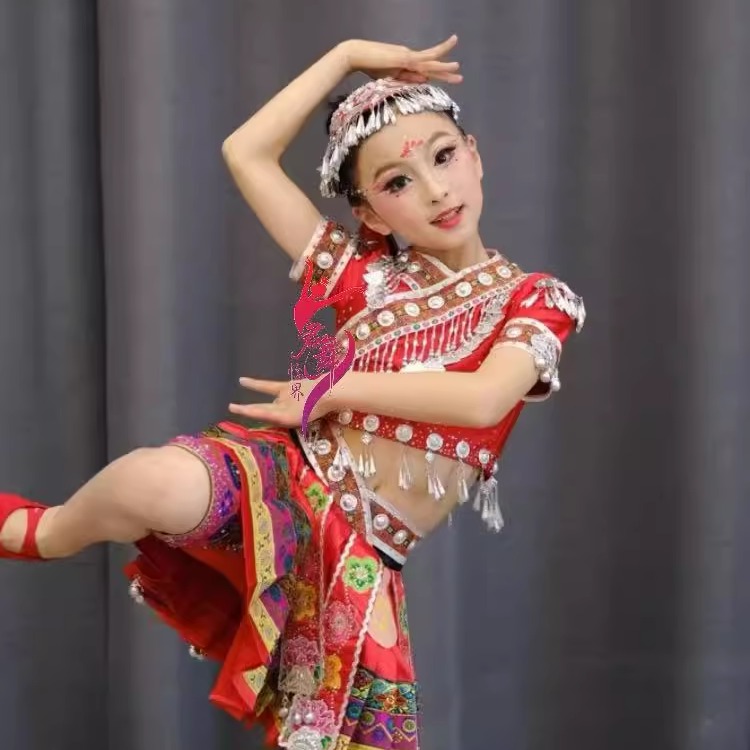 新款儿童女儿嫁舞蹈服装苗族土家族演出服装少数民族独舞表演服装