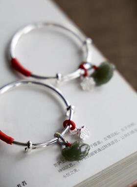 猫妈家 |原创设计 纯手工宝宝银手镯 999足银实心推拉 满月周岁礼