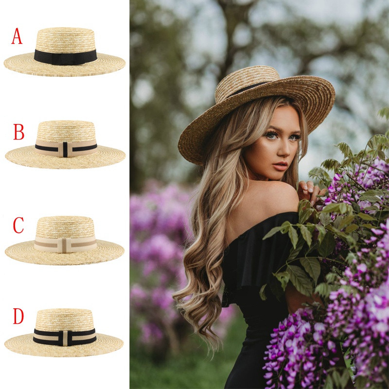 春夏季男女同款麦秆草帽宽檐遮阳防晒太阳帽平顶平檐礼帽沙滩海边