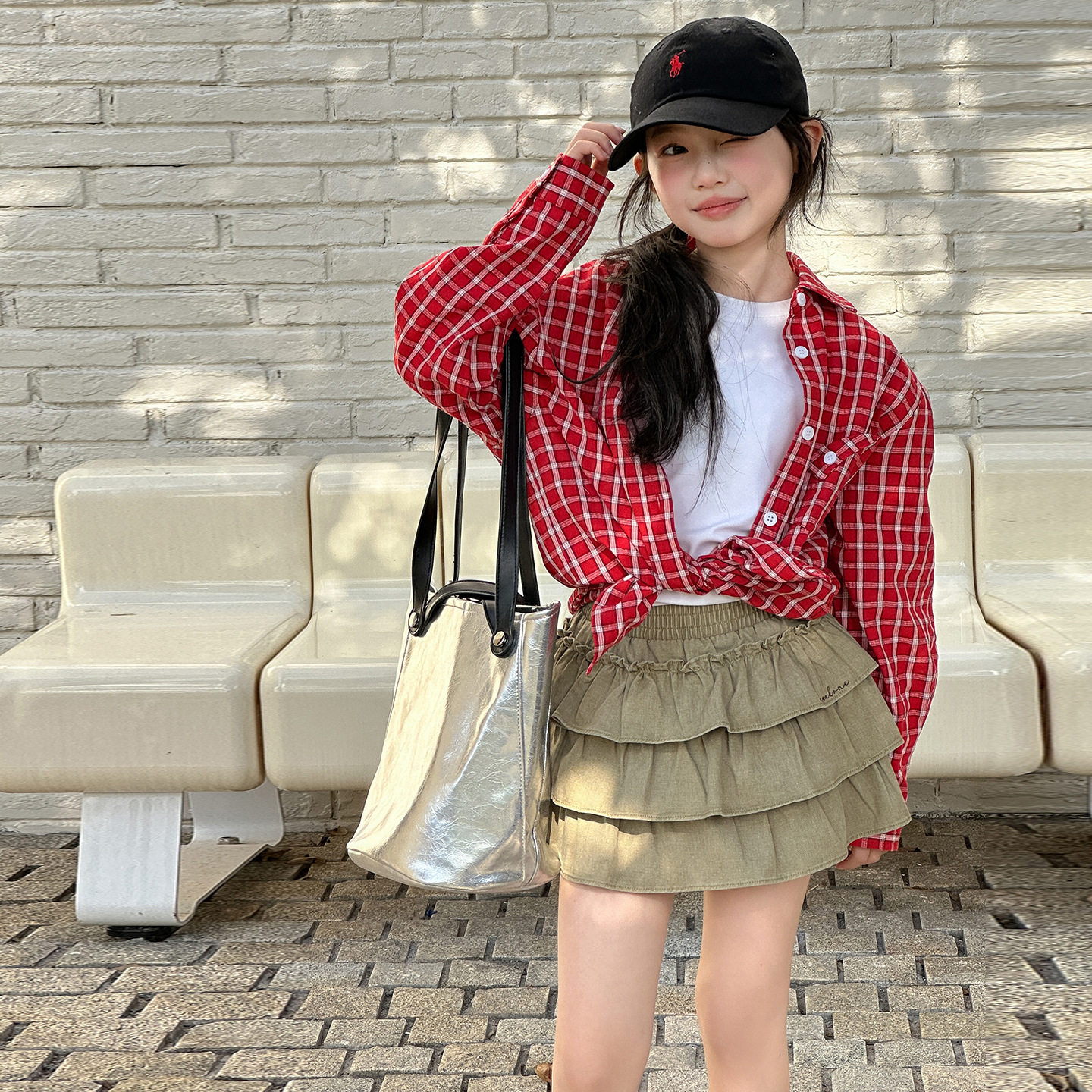 波拉童装女童套装春装2026秋装儿童红色格纹长袖衬衫棉布百褶裙两