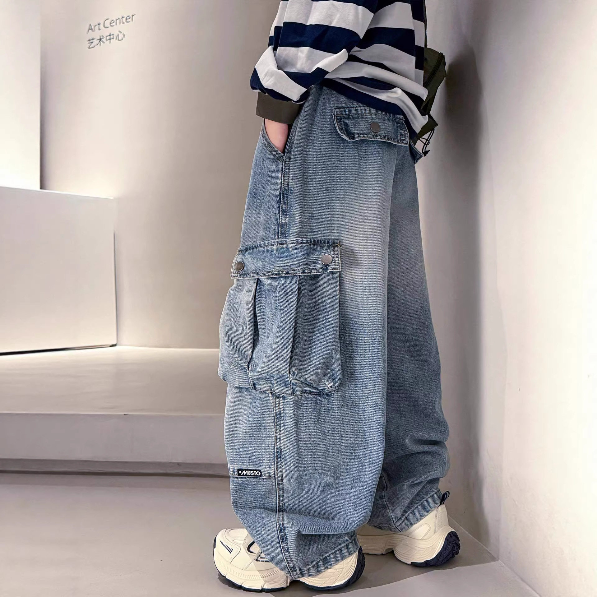 波拉童装男童牛仔裤春秋款2026春装大儿童装痞帅工装休闲直筒裤子