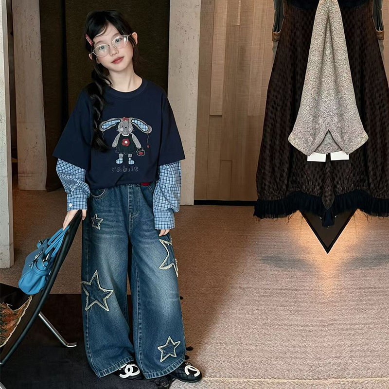 波拉童装女童春秋季2026秋装大童女孩韩系休闲假两件格子卫衣牛仔
