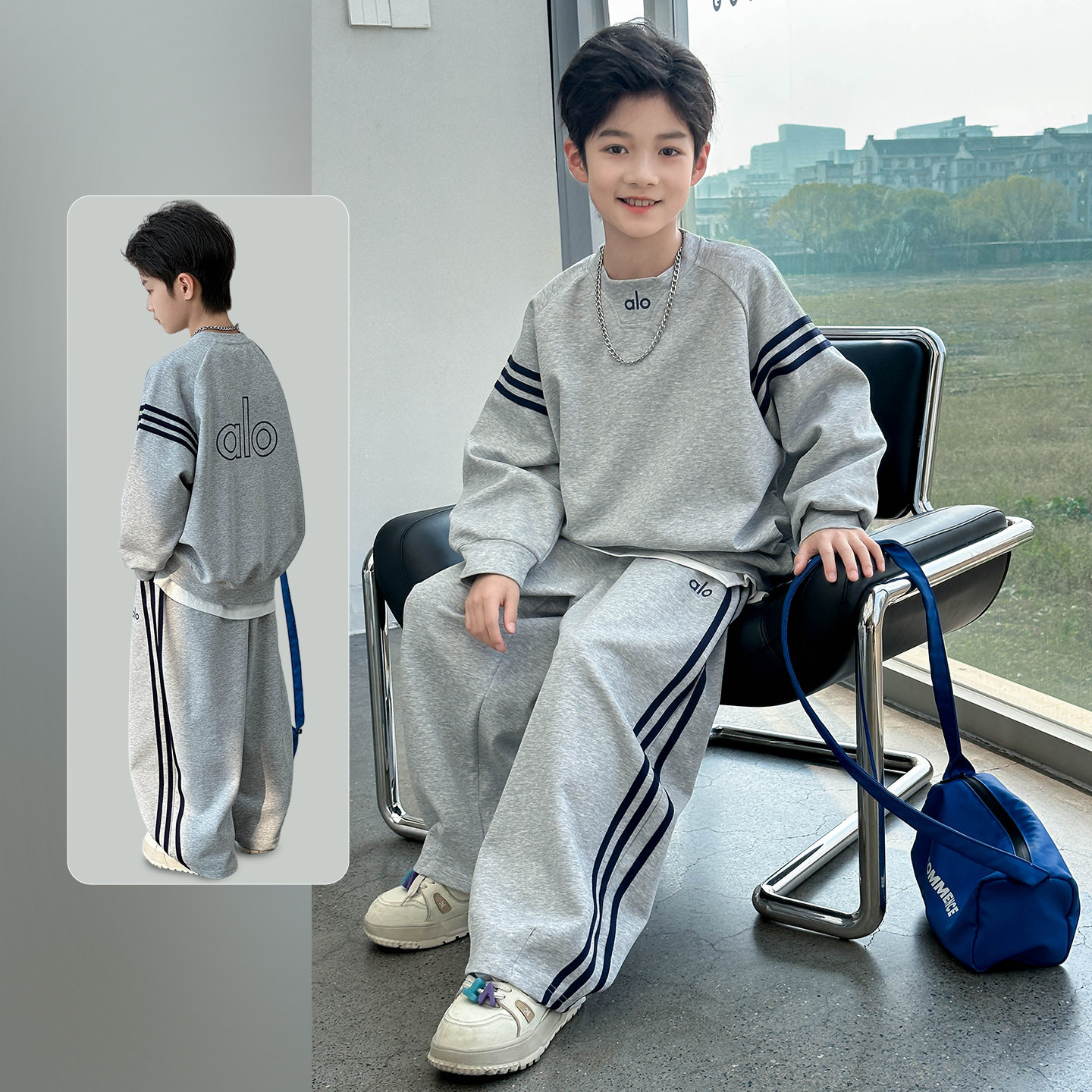 波拉童装2026春装春季男童圆领卫衣套装 童装儿童针织运动二件套